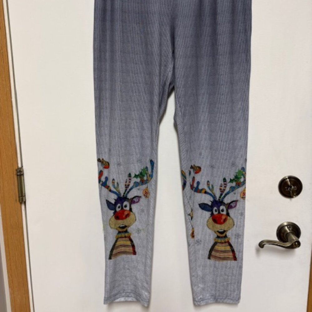 Womens REINDEER Pattern Gray Fun Christmas Holiday Leggings. Sz. XL